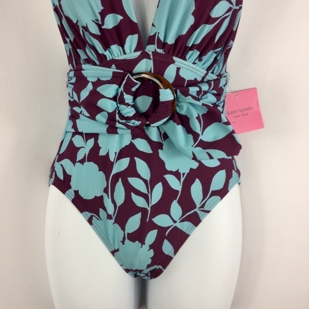 Kate Spade New York Geranium Grove Belted Plunge Halter One-Piece Size XS NWT - Picture 7 of 10